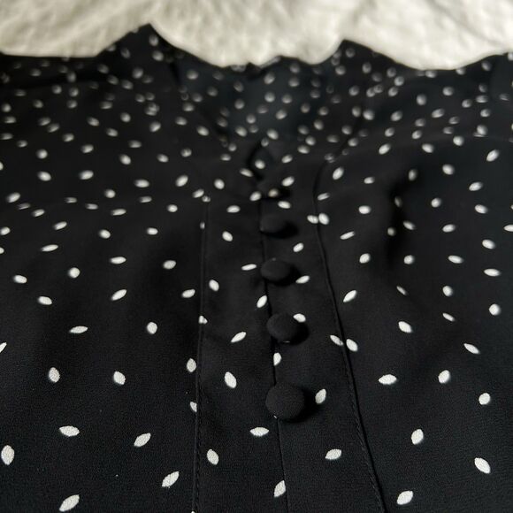 Express Black Semi Sheer Blouse Polka Dot White Leaves Size XXS Career Classic - Picture 14 of 16